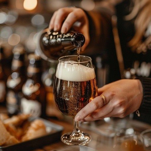 Mörkt öl hälls i ett kupat glas med skumkrona